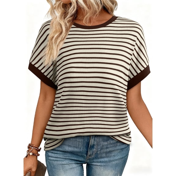 DOKOTOO Women's Short Sleeve T Shirts Summer Ribbed Knit Crewneck Striped Loose Basic Tee Casual Tops Blouses