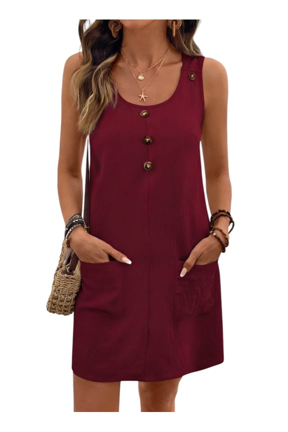 Women’s Sleeveless Tank Dress Buttons A-Line Dresses Daily Mini Dresses