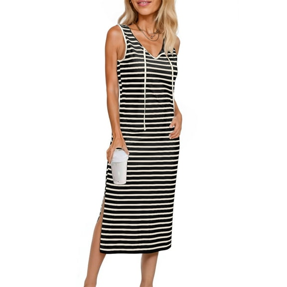 DOKOTOO Women's Sleeveless V Neck Side Split Tank Dress-Summer Vacation Casual Beachwear