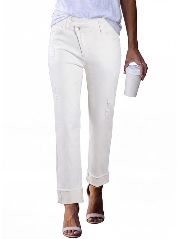 Women's Straight Leg Jeans High Rise Stretchy Denim Corssover Pants Soft Comfortable Cuffed Hem Jeans