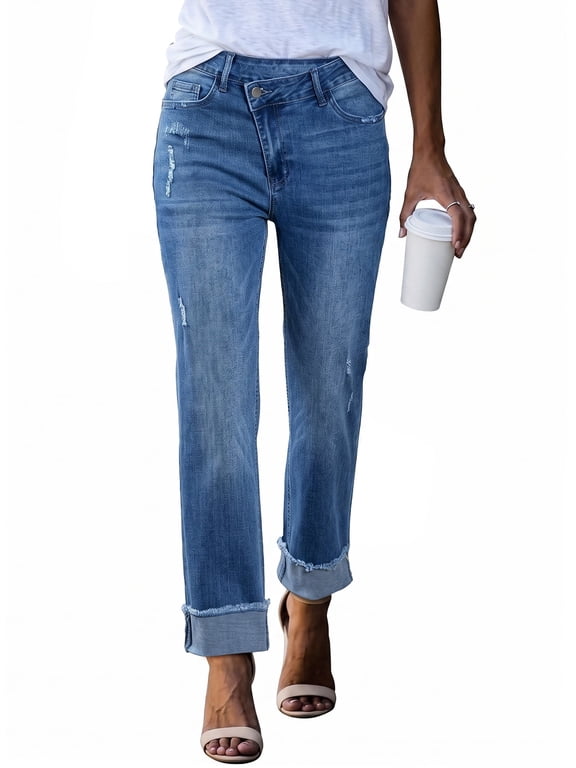 Women's Straight Leg Jeans High Rise Stretchy Denim Corssover Pants Soft Comfortable Cuffed Hem Jeans