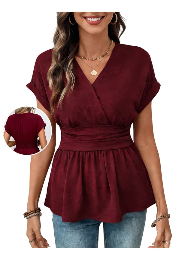 Blouses for Women Wrap V Neck Short Sleeve Smocked Waist Peplum Tunic Tops Casual Business Work Shirts