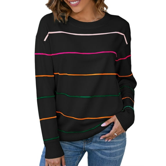 DOKOTOO Women's Sweater Striped Long Sleeve Black Knit Top for Fall Spring Winter Crew Neck