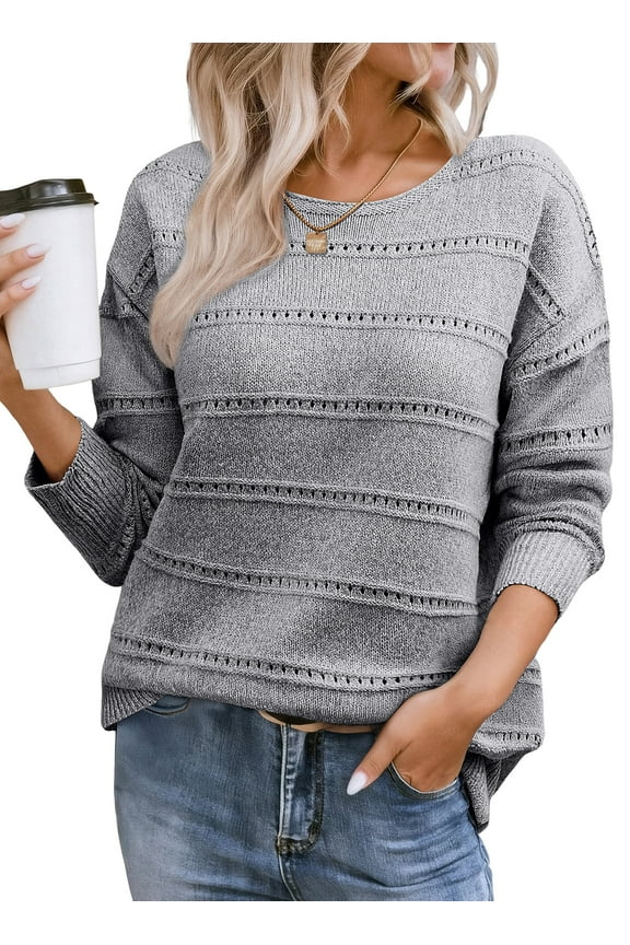 Women's Sweaters Boat Neck Crochet Hollow Out Knit Tops Trendy Fall Lightweight Sweaters for Women
