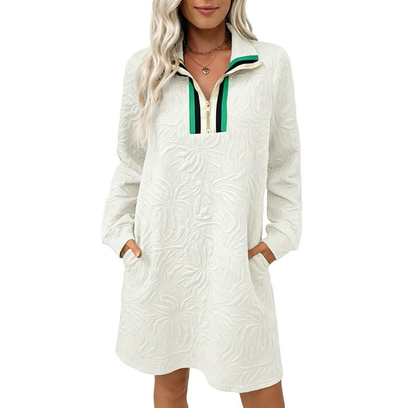 DOKOTOO Women's Mini Dress Zip Up Stand Neck Embossed Floral Pattern Casual Dresses