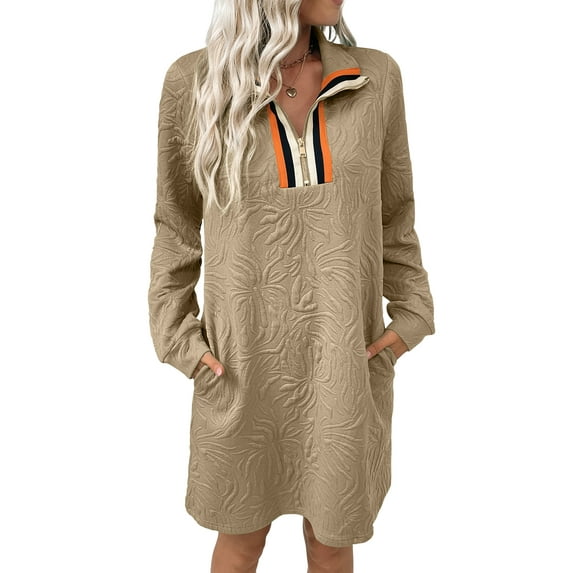 DOKOTOO Women's Casual Dress Long Sleeve Half Zip Striped Neck Embossed Mini Dresses