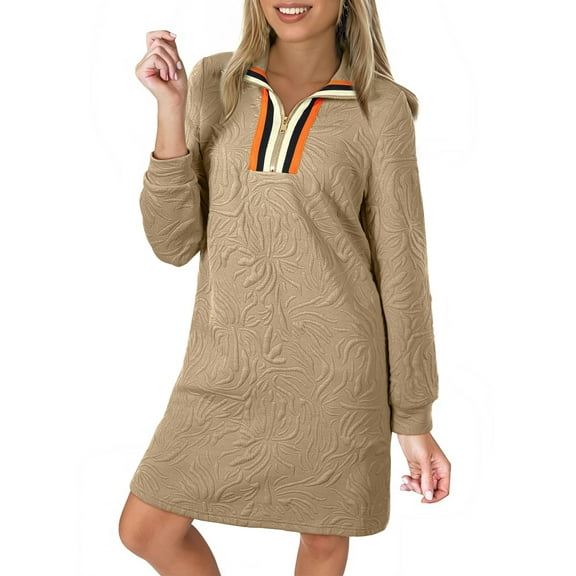 DOKOTOO Women's Casual Dress Long Sleeve Half Zip Striped Neck Embossed Mini Dresses