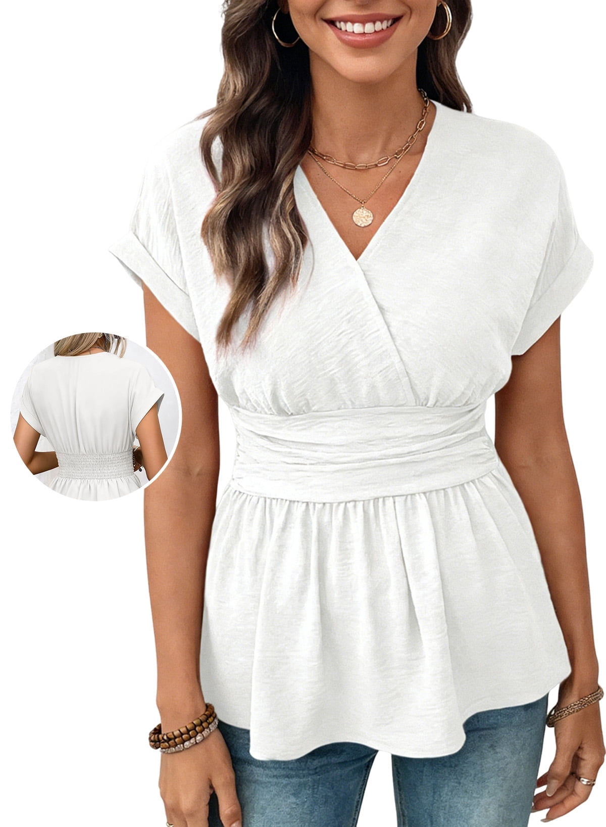 DOKOTOO Blouses for Women Wrap V Neck Short Sleeve Smocked Waist Peplum ...