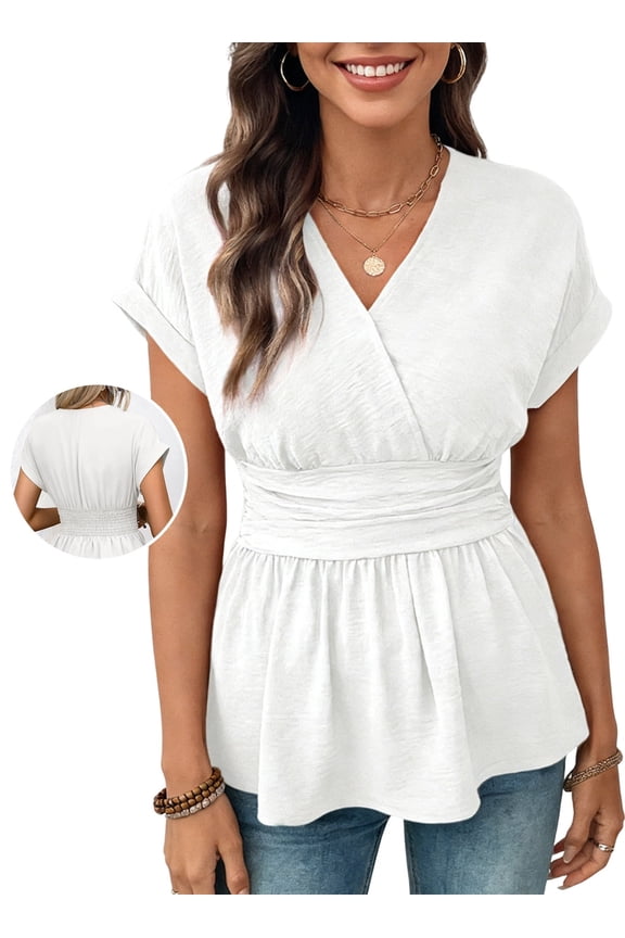 Women's V Neck Wrap Peplum Blouse Smocked Waist Rolled Short Sleeve Casual Top