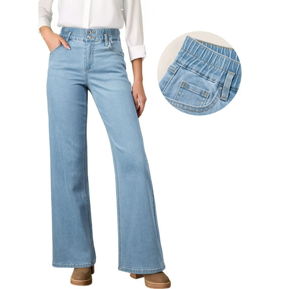 DOKOTOO Women's Wide Leg Jeans High Waist Elastic Waistband Denim Fashion Stretchy Casual Pants with Straight Leg
