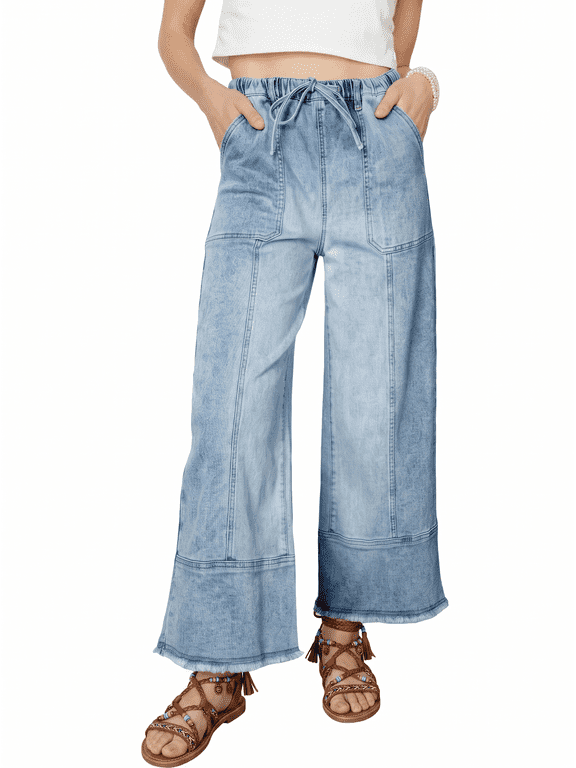 Women's Wide Leg Jeans High Waisted Baggy Jeans for Women Stretchy Denim Pants with Drawstring and Big Pockets (Plus Sizes Available)