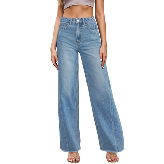 DOKOTOO Women's Wide Leg Jeans High Waisted Strechy Raw Hem Frayed Hem Denim Pants