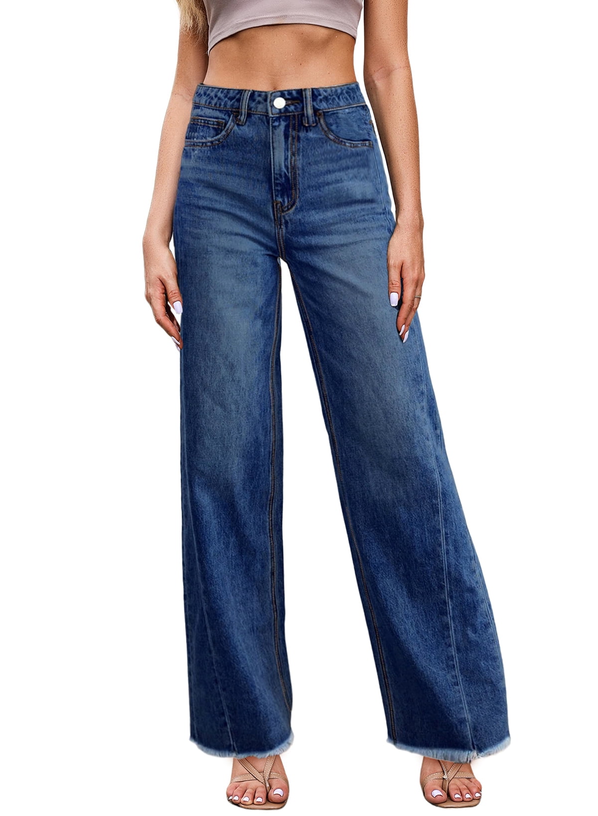 Lovskoo 2024 Women's Wide Leg Baggy Ripped Jeans Big Holes
