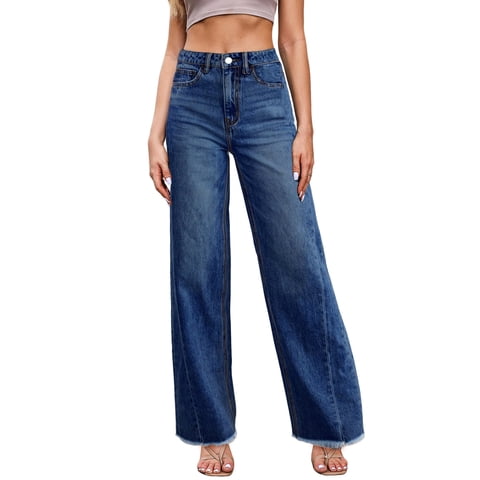 Women's Wide Leg Jeans High Waisted Strechy Raw Hem Frayed Hem Denim Pants