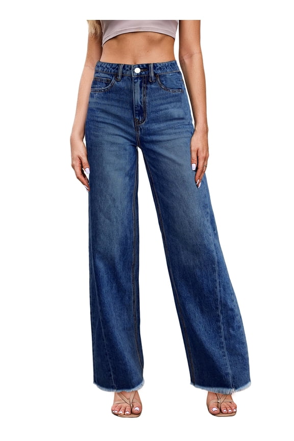 Women's Wide Leg Jeans High Waisted Strechy Raw Hem Frayed Hem Denim Pants
