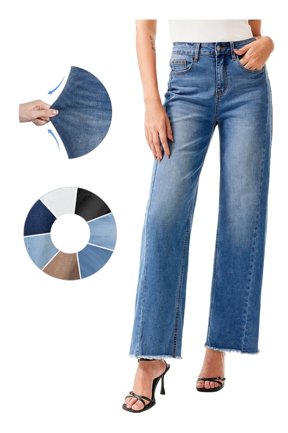 Women's Wide Leg Jeans High Waisted Loose Fit Strechy Comfort Raw Hem Frayed Denim Pants