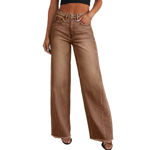 DOKOTOO Women's Wide Leg Jeans High Waisted Strechy Raw Hem Frayed Hem Denim Pants