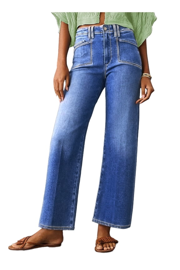 Women's Denim Pants with Big Pockets High Waist Wide Leg Boyfriend Jeans Stretchy Stylish Casual Outfits
