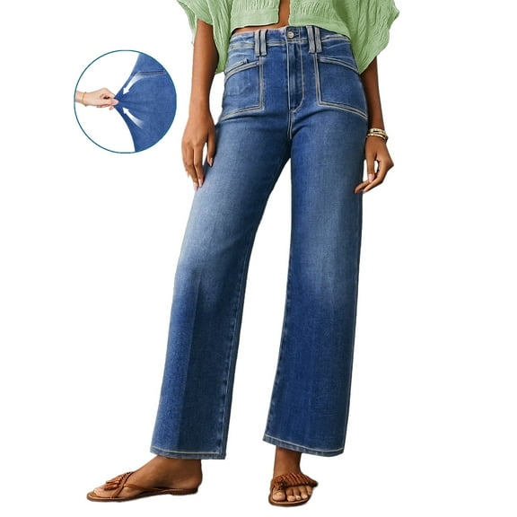 DOKOTOO Women's Wide Leg Jeans High Waisted Stretchy Boyfriend Denim Pants Trendy with Big Pocket