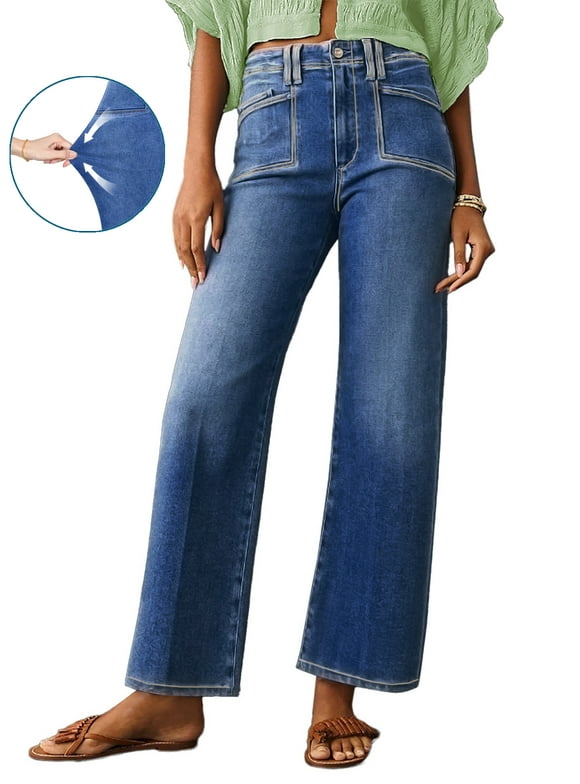Women's Wide Leg Jeans High Waisted Stretchy Boyfriend Denim Pants Trendy with Big Pocket