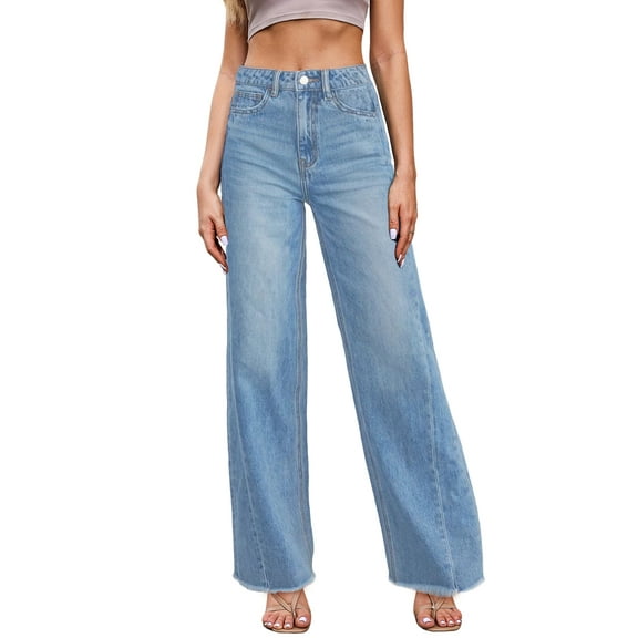 DOKOTOO Women's Wide Leg Jeans Summer Casual High Waisted Strechy Raw Hem Frayed Hem Boyfriend Denim Pants
