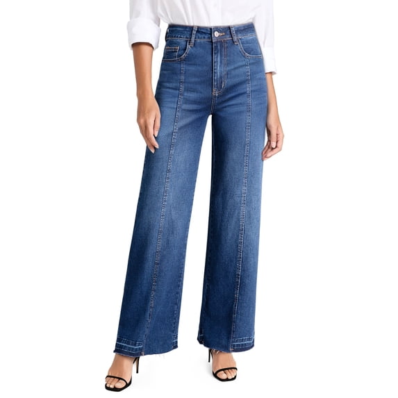 DOKOTOO Women's Wide Leg Jeans Trendy High Waist Center-Seam Straight Leg Raw Hem Baggy Loose Boyfriend Stretchy Denim Pants