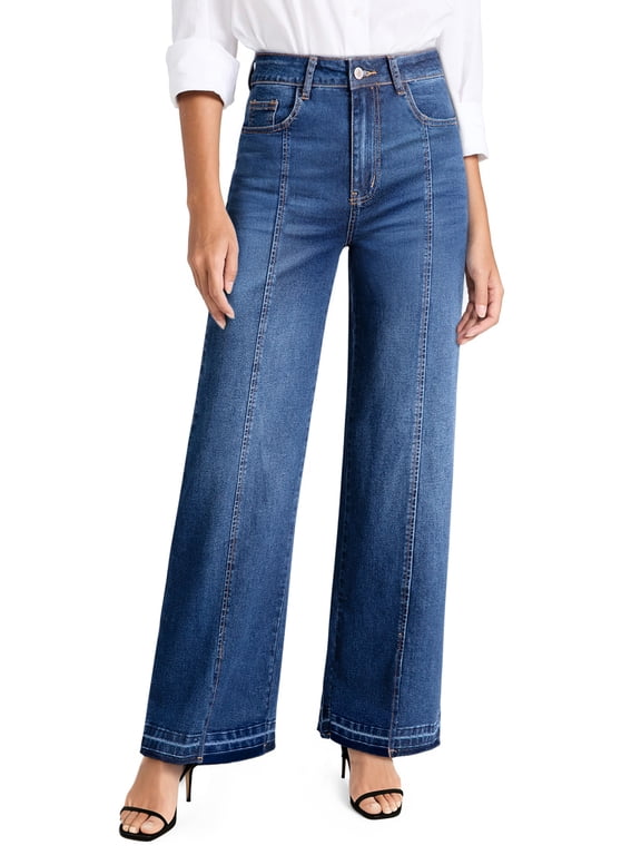 Women's Wide Leg Jeans Trendy High Waist Center-Seam Straight Leg Baggy Loose Boyfriend Stretchy Denim Pants