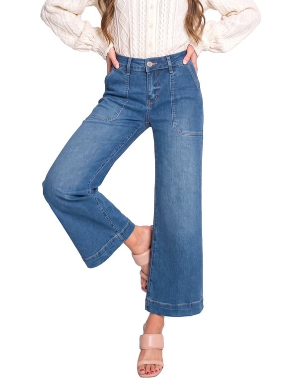 Women's Wide Leg Jeans Trendy High Waist Stretchy Straight Leg Baggy Loose Denim Ankle Pants with Big Pockets (Plus Sizes Available)