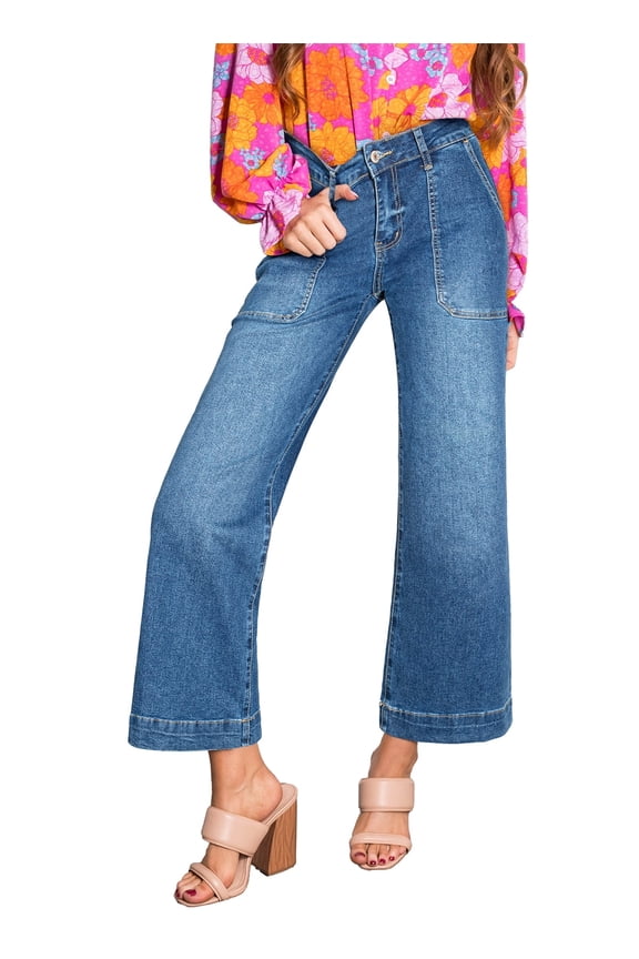 Women's Wide Leg Jeans Trendy High Waist Stretchy Straight Leg Baggy Loose Denim Ankle Pants with Big Pockets (Plus Sizes Available)