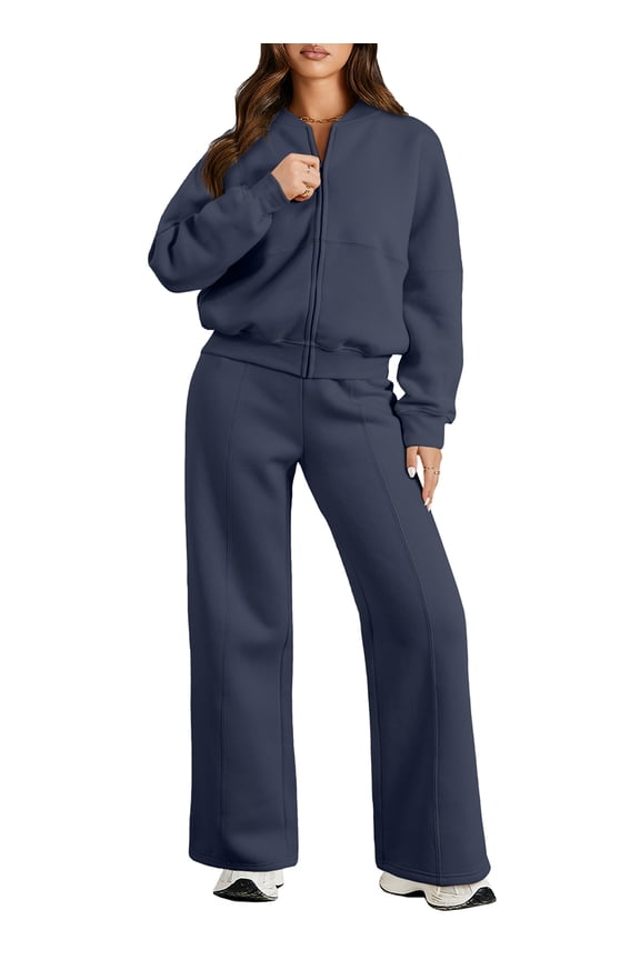 Womens Sweatsuits 2 Piece Outfits Oversized Fleece Zip up Long Sleeve Sweatshirt with Wide Leg Sweatpants Tracksuit Lounge Sets