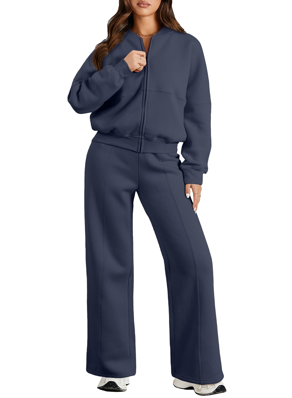 Womens Sweatsuits 2 Piece Outfits Oversized Fleece Zip up Long Sleeve Sweatshirt with Wide Leg Sweatpants Tracksuit Lounge Sets