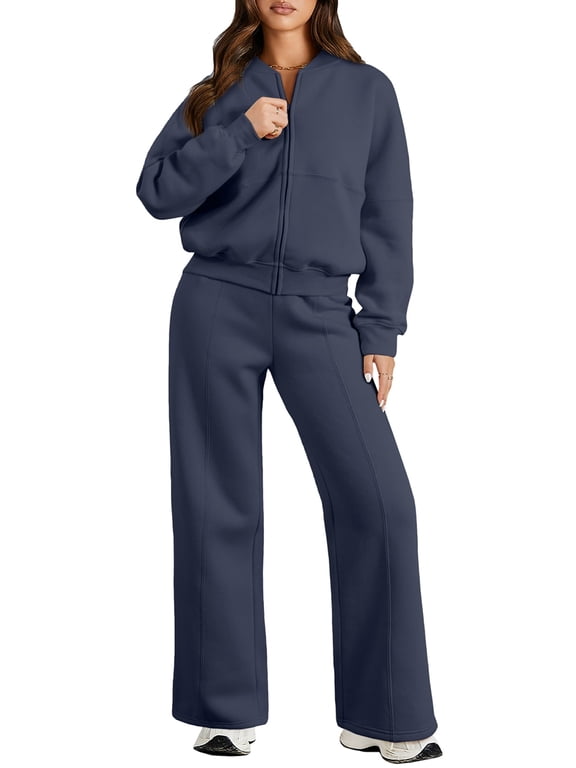 Womens Sweatsuits 2 Piece Outfits Oversized Fleece Zip up Long Sleeve Sweatshirt with Wide Leg Sweatpants Tracksuit Lounge Sets