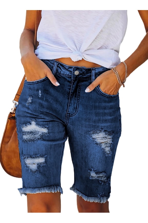 Womens Bermuda Jean Shorts Mid Rise Ripped Denim Bermuda Shorts with Pockets Blue Size 6
