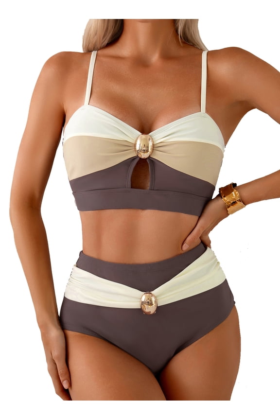 Womens Bikini Sets Cut Out 2 Piece Swimsuits Colorblock Metal High Waisted Bathing Suits Khaki L US12-14