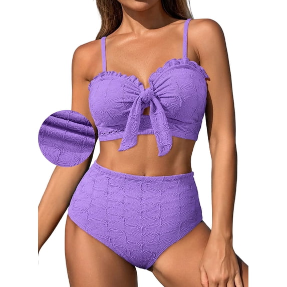 DOKOTOO Bikini Sets for Women High Waisted Seashell Textured 2 Piece Swimsuits Knotted Front Bathing Suits