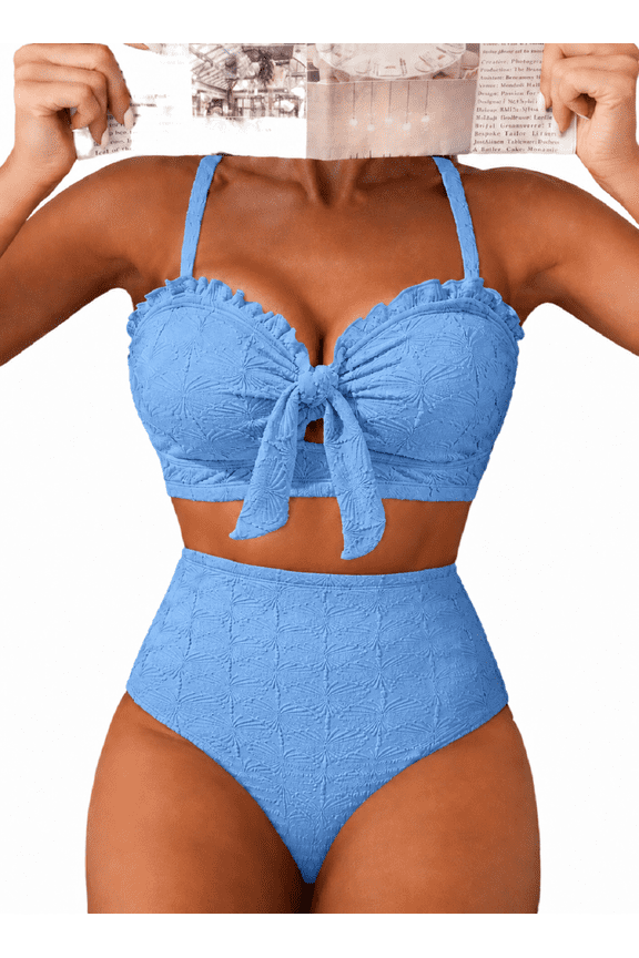 Women Swimsuit High Waisted Bikini Sets Tummy Control Swim Suits Textured Two Piece Bathing Suit Bow Front Swimwear Beachwear Summer Vacation S-2XL