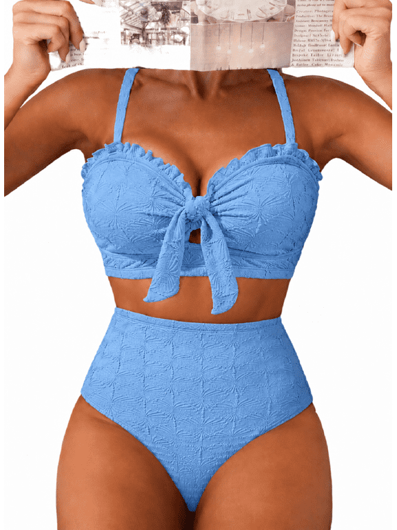 Women Swimsuit High Waisted Bikini Sets Tummy Control Swim Suits Textured Two Piece Bathing Suit Bow Front Swimwear Beachwear Summer Vacation S-2XL