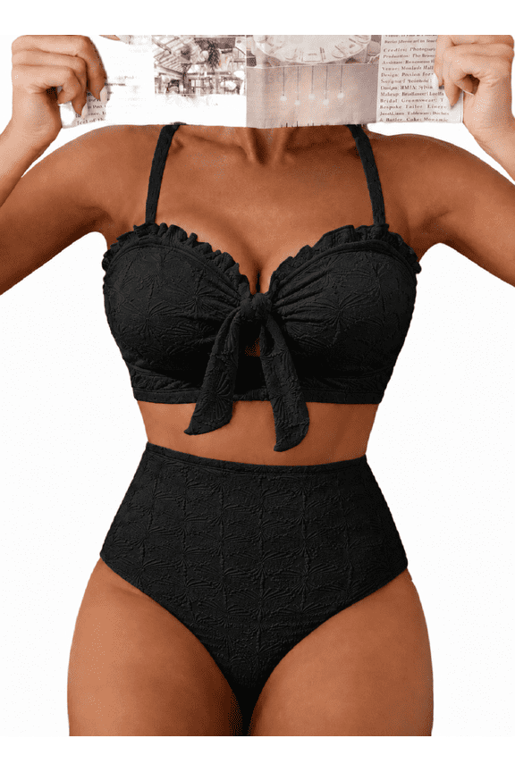 Women Swimsuit High Waisted Bikini Sets Tummy Control Swim Suits Textured Two Piece Bathing Suit Bow Front Swimwear Beachwear Summer Vacation S-2XL