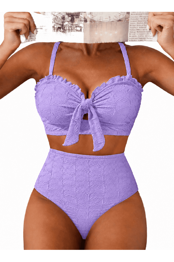 Women Swimsuit High Waisted Bikini Sets Tummy Control Swim Suits Textured Two Piece Bathing Suit Bow Front Swimwear Beachwear Summer Vacation S-2XL