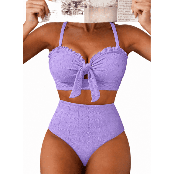 DOKOTOO Women's High Waisted Bikini Sets Two Piece Swimsuit Bow Front Textured Fabric Tummy Control Bathing Suit for Women Beach Vacation Pool Summer S-2XL
