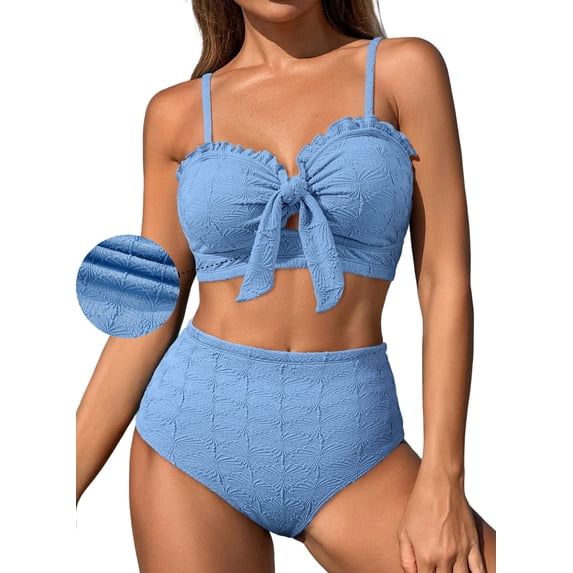 DOKOTOO Bikini Sets for Women High Waisted Seashell Textured 2 Piece Swimsuits Knotted Front Bathing Suits