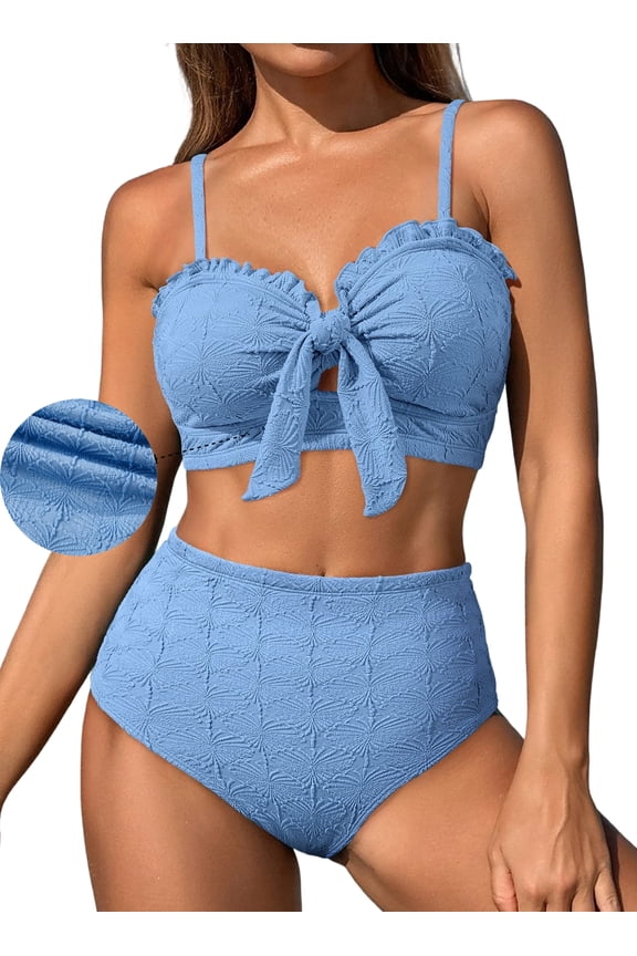 Bikini Sets for Women High Waisted Seashell Textured 2 Piece Swimsuits Knotted Front Bathing Suits