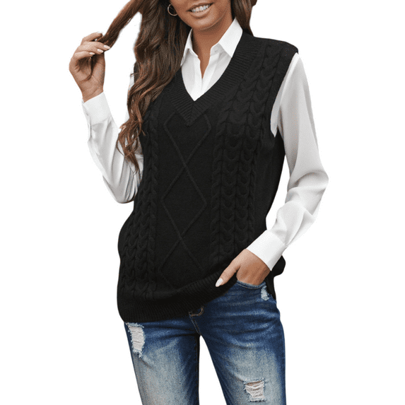 DOKOTOO Women's Black Vintage Knitted Sweater Vest Sleeveless Pullover Top for Women
