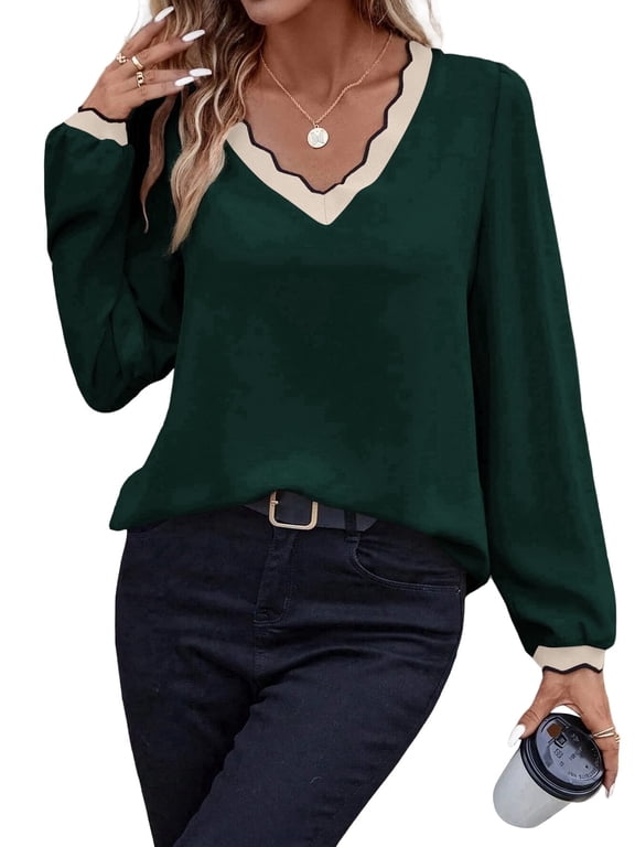Womens Blouses Dressy Casual Tops Contrast Trim Fall Puff Long Sleeve V Neck Shirts Business Work Blouse S-2XL