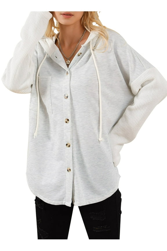 Womens Button Up Hoodies Long Sleeve Hooded Sweatshirts Loose Fit Fall Oversized Drawstring Hoodie with Pocket Gray L US12-14