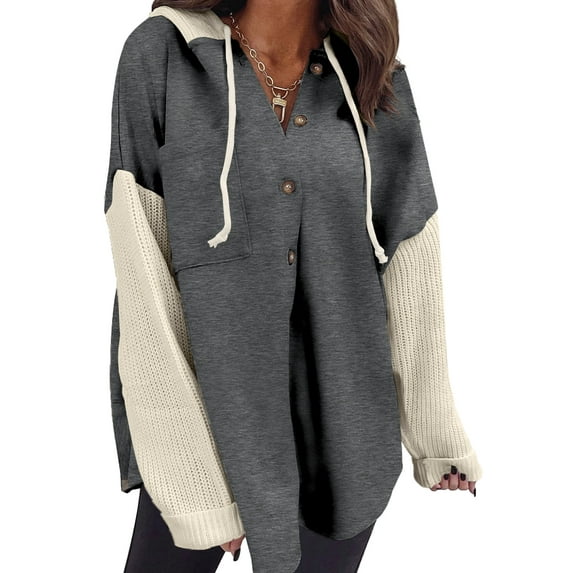 DOKOTOO Plus Sweatshirts for Women Button Down Casual Tunic Tops Long Sleeve Hooded ShirtsDark Gray XXL US18-20