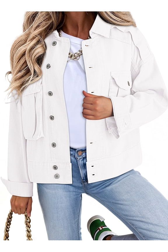 Womens Cargo Jean Jacket Cropped Button Spring Fashion Coat