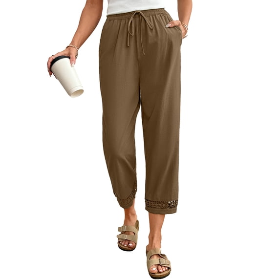 DOKOTOO Womens Casual Crochet Lace Pants Drawstring Elastic Waist Cropped Pants Lightweight Straight Leg Trousers with Pockets