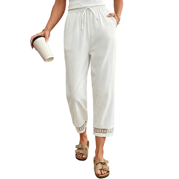 DOKOTOO Womens Casual Crochet Lace Pants Drawstring Elastic Waist Cropped Pants Lightweight Straight Leg Trousers with Pockets