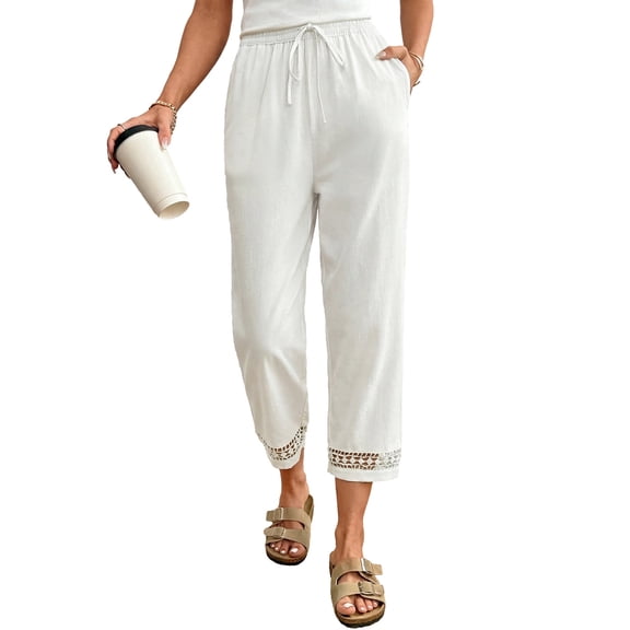 DOKOTOO Womens Casual Crochet Lace Pants Drawstring Elastic Waist Cropped Pants Lightweight Straight Leg Trousers with Pockets